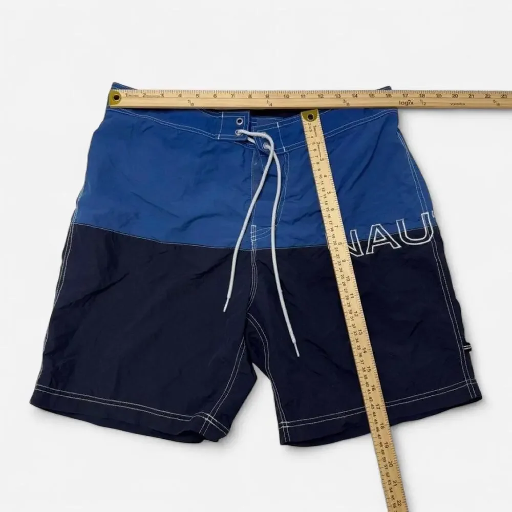 Nautica Men’s Large Blue Navy Colorblock Board Shorts Swim Trunks Logo